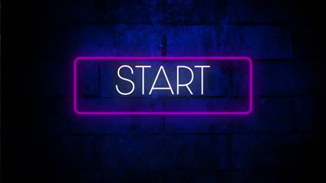 Digital-animation-of-start-text-in-neon-rectangle-frame-against-blue-brick-wall-in-background