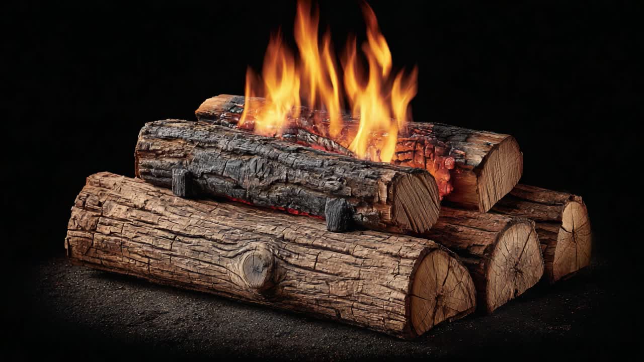 Majestic Flames Dancing Above Rustic Logs: A Captivating Display of Warmth and Natural Beauty in a Cozy Setting