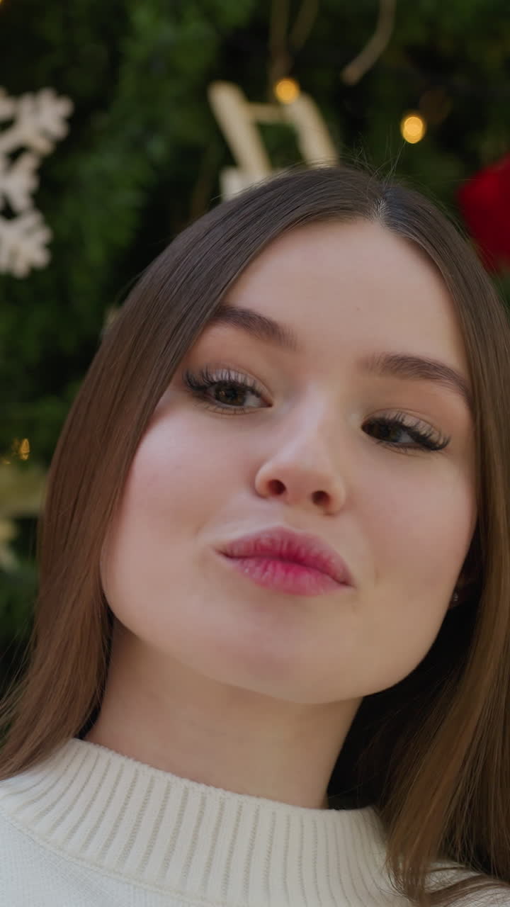 Elegant woman in white sweater posing for playful selfie, sticking tongue out in front of beautifully decorated Christmas tree with festive ornaments and twinkling lights