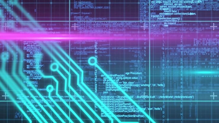 Animation of data processing and light spots on black background