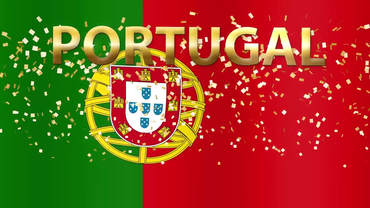 Bandera de Portugal con texto dorado y confeti cayendo