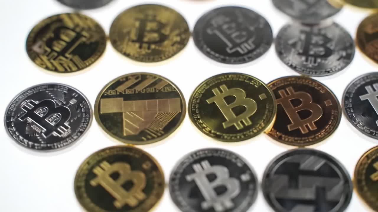 A detailed examination of various cryptocurrency coins laid out on a flat surface, showcasing different colors, designs, and textures.