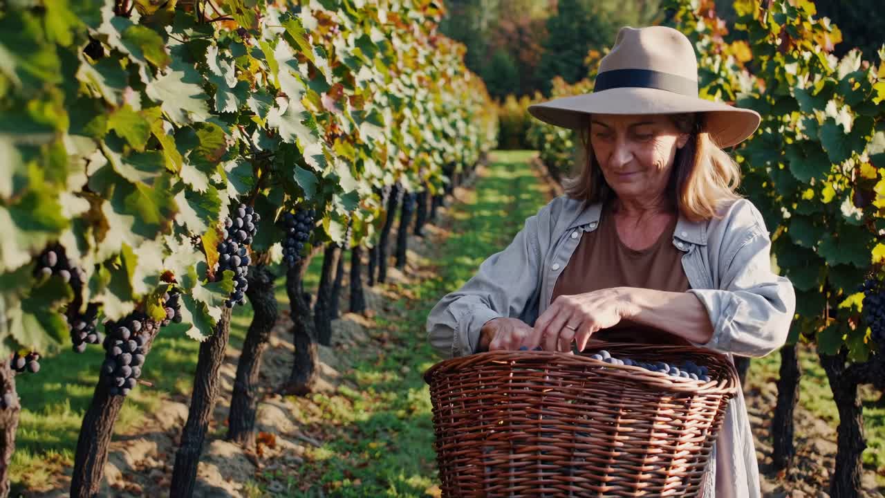 Senior Woman Harvesting Grapes in a Vineyard
