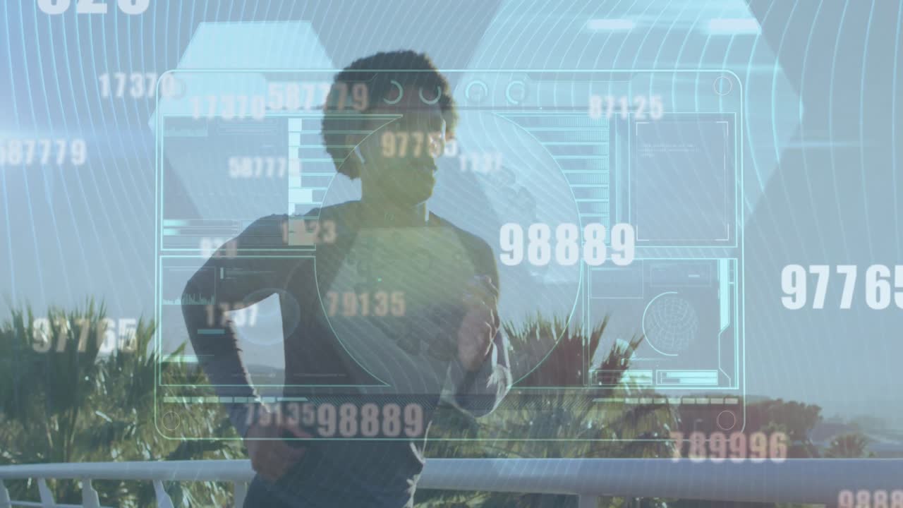 animación del procesamiento de datos en la pantalla sobre un corredor biracial masculino