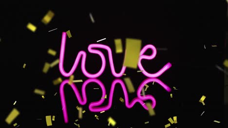 Animation-Von-Goldenem-Konfetti,-Das-über-Liebestext-In-Rosa-Neon-Auf-Reflektierendem-Schwarzem-Hintergrund-Fällt