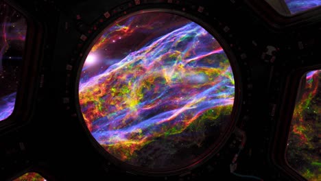 우주왕복선이 우주공간에 있는 베일 성운 (veil nebula) 을 향해 날아가는 모습, 시그누스 루프 (cygnus loop) 또는 ngc 6960이라고도 불린다.