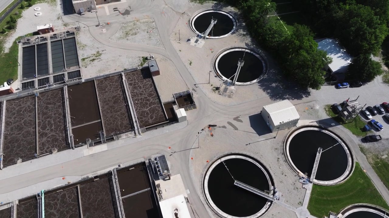 Establishing Drone Shot Above Aeration Basins and Clarifiers at Water Treatment Facility