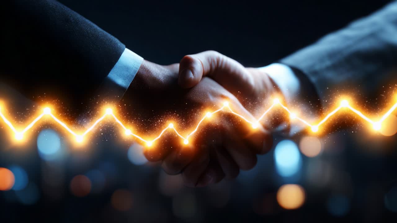 A Symbolic Handshake Representing Partnership and Business Growth with a Dynamic Sparkling Line, Capturing the Essence of Collaboration in a Professional Environment