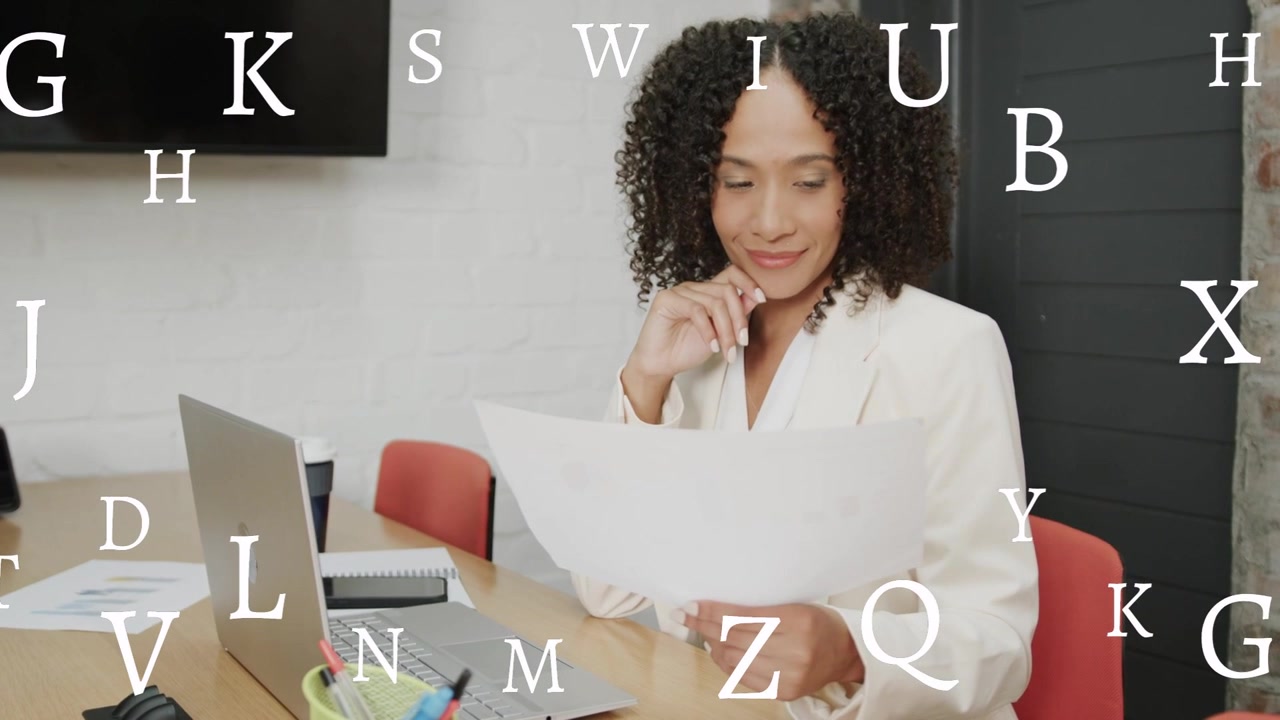 Office worker holding paper for business, glancing at laptop while letters overlaying, smiling