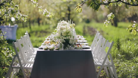 Mittagessen-Im-Blühenden-Garten-Im-Sommer-Oder-Frühlingstag,-Gedeckter-Tisch-Mit-Blumen-Und-Köstlichen-Mahlzeiten