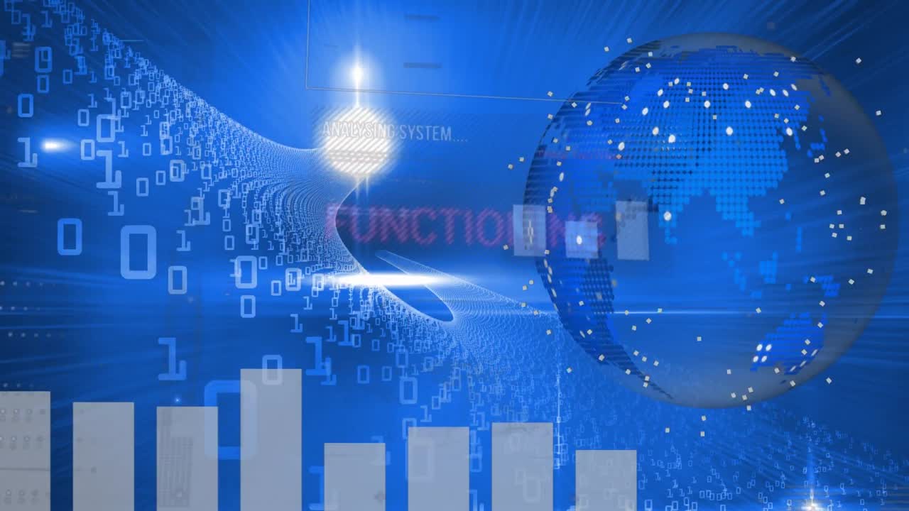 데이터 처리의 애니메이션과 파란색 배경의 지구