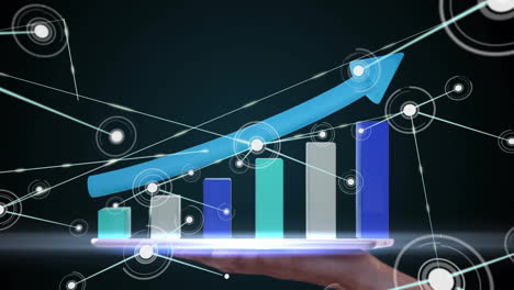 animation of network of connections over statistics and caucasian woman holding tablet