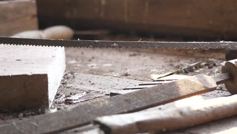 carpenter's handsaw on worktable. close up