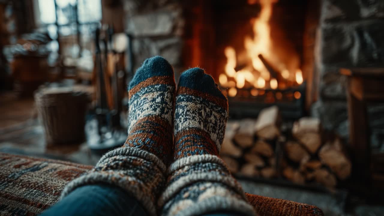 Cozy Winter Moments: A Pair of Warm Knit Socks Relaxing by the Crackling Fireplace in a Charming Cabin Setting