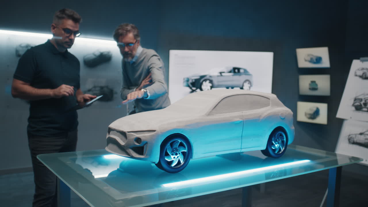 equipo de diseño de automóviles revisando el prototipo