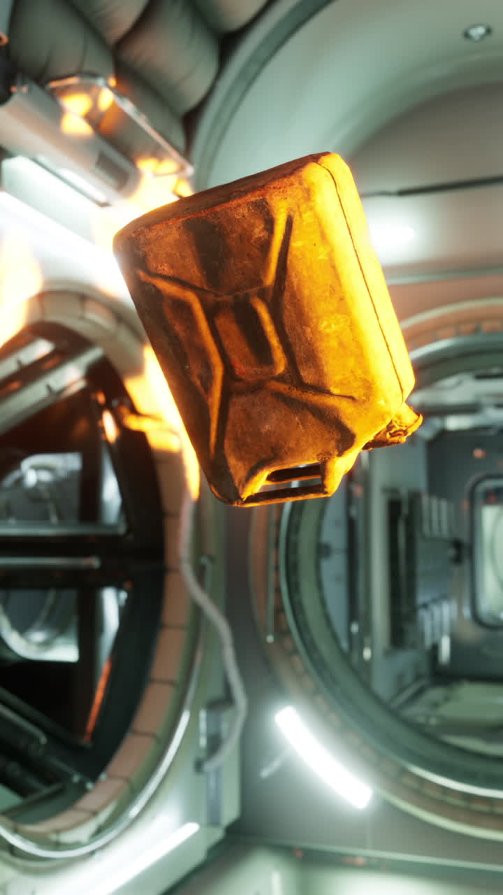 Tanica di benzina arrugginita in un corridoio spaziale futuristico