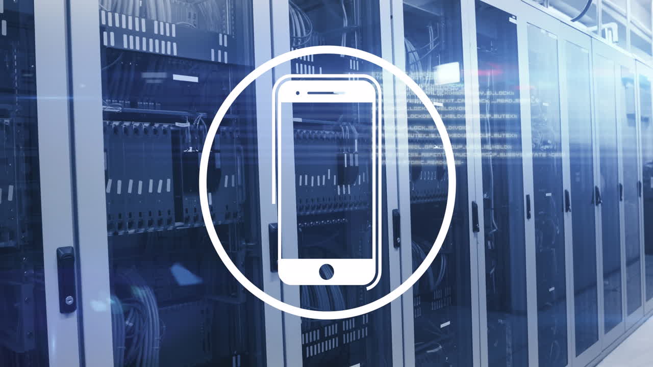 Animation of smartphone icon and data processing over server room