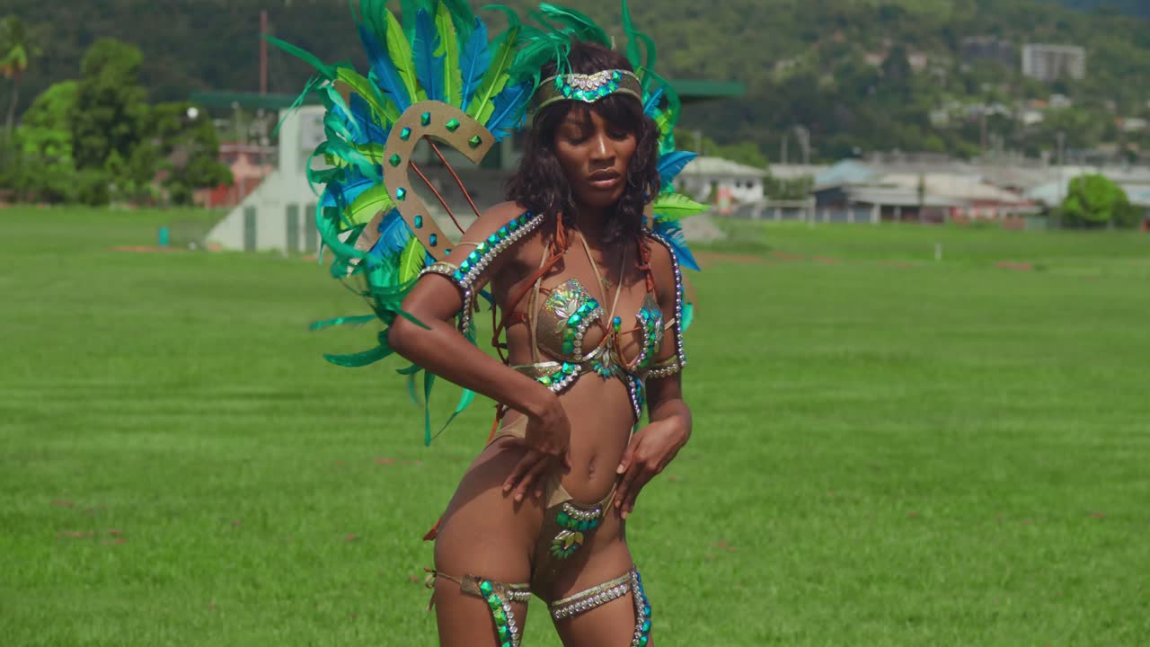 en la encantadora isla de trinidad, una joven abraza el espíritu del carnaval con su exuberante disfraz.