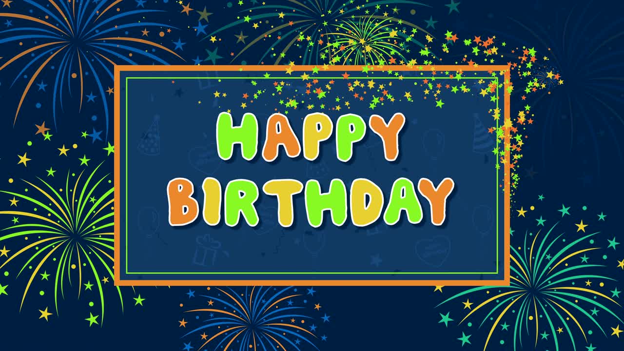 feliz cumpleaños con fuegos artificiales y estrellas