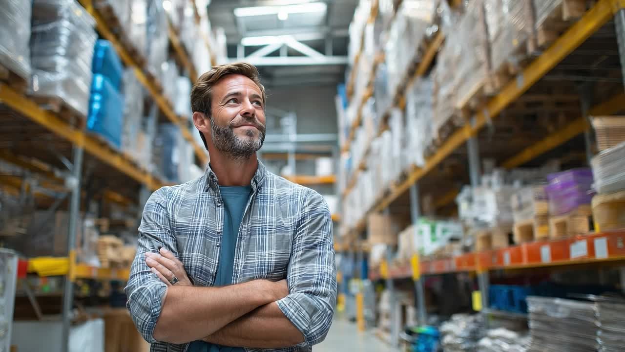 Uomo che esplora un grande magazzino in cerca di forniture