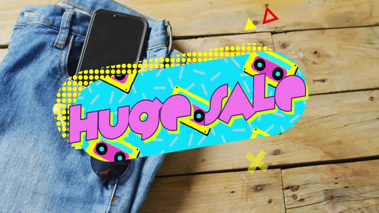 Animation of huge sale text over denim trousers background