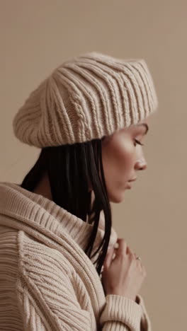 close-up of a person wearing cozy beige knitwear