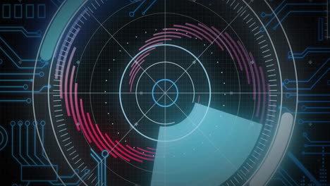 animation of scope scanning with computer circuit board over spinning lines on black background