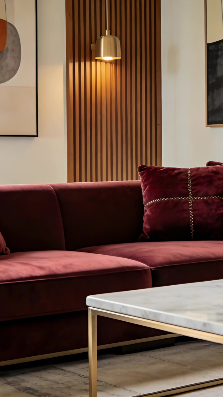 Vertical video: Panning shot revealing burgundy sofa in room corner, showing marble table, lit lamp
