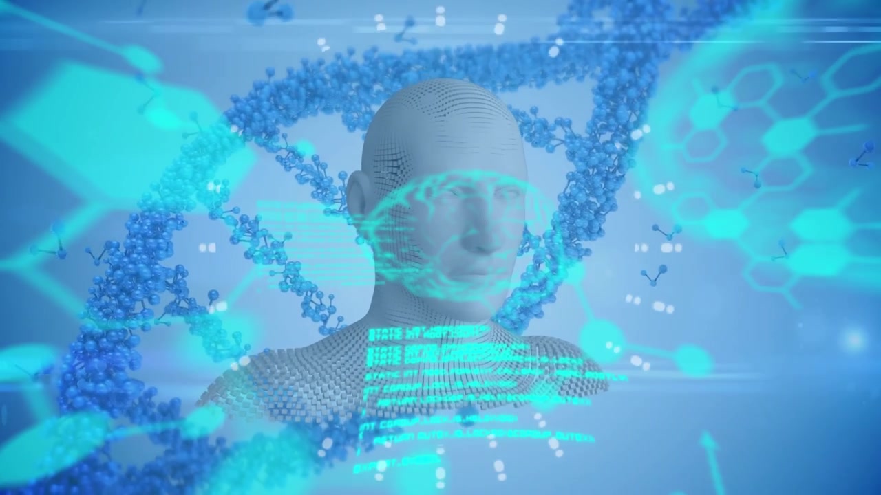 Animazione di formule chimiche ed elaborazione dati su globuli rossi fluttuanti