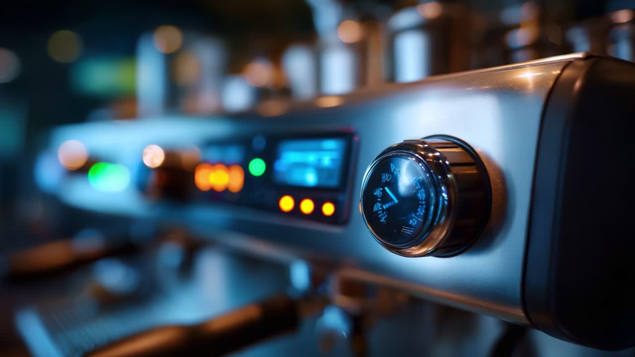 A Close-Up View of an Elegant Espresso Machine with Bright Indicators and Pressure Gauge Highlighting Modern Coffee Brewing Technology