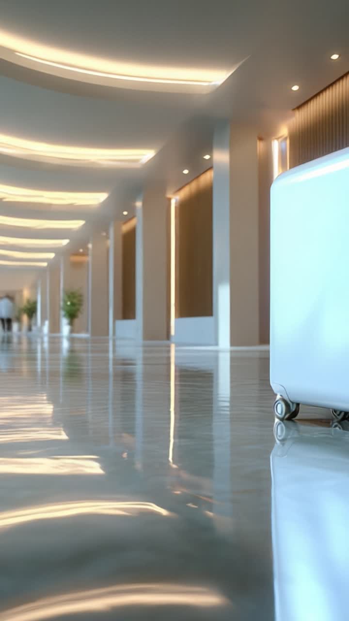 Un pasillo elegante y moderno que presenta una pieza de equipaje con estilo, mostrando una sensación de movimiento y una atmósfera vibrante en un diseño interior minimalista.