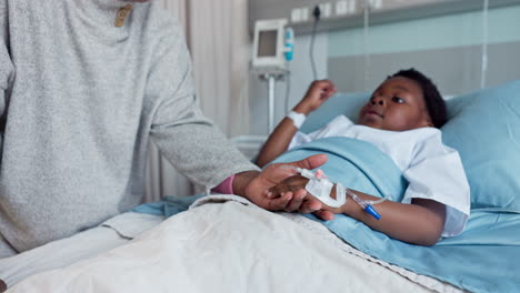 kid, patient and hospital with comfort by parent