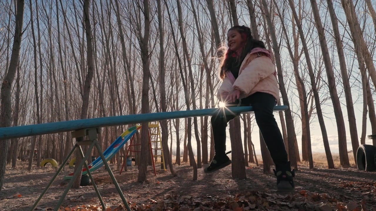 Playful childhood activity in a natural woodland playground surrounded by trees.