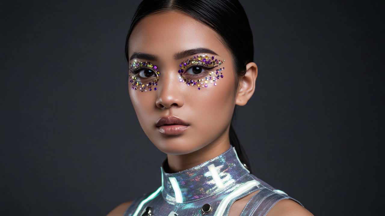 Futuristic Makeup Aesthetic Featuring Bold Glitter and Neon Accents, Capturing an Otherworldly Look that Blends Beauty and Technology in a Striking Portrait