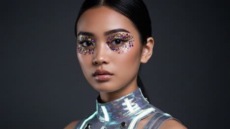 futuristic makeup aesthetic featuring bold glitter and neon accents, capturing an otherworldly look that blends beauty and technology in a striking portrait