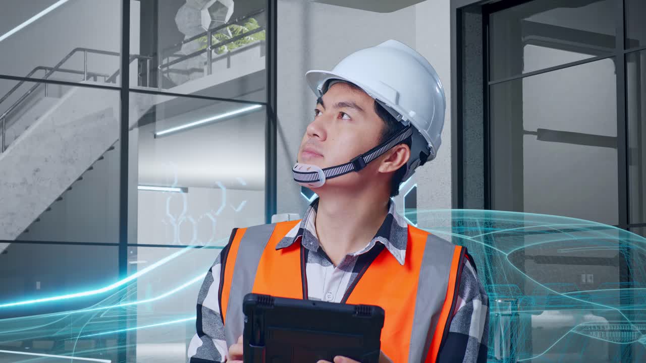 엔지니어가 증강현실으로 건물 디자인을 검사하고 있습니다.
