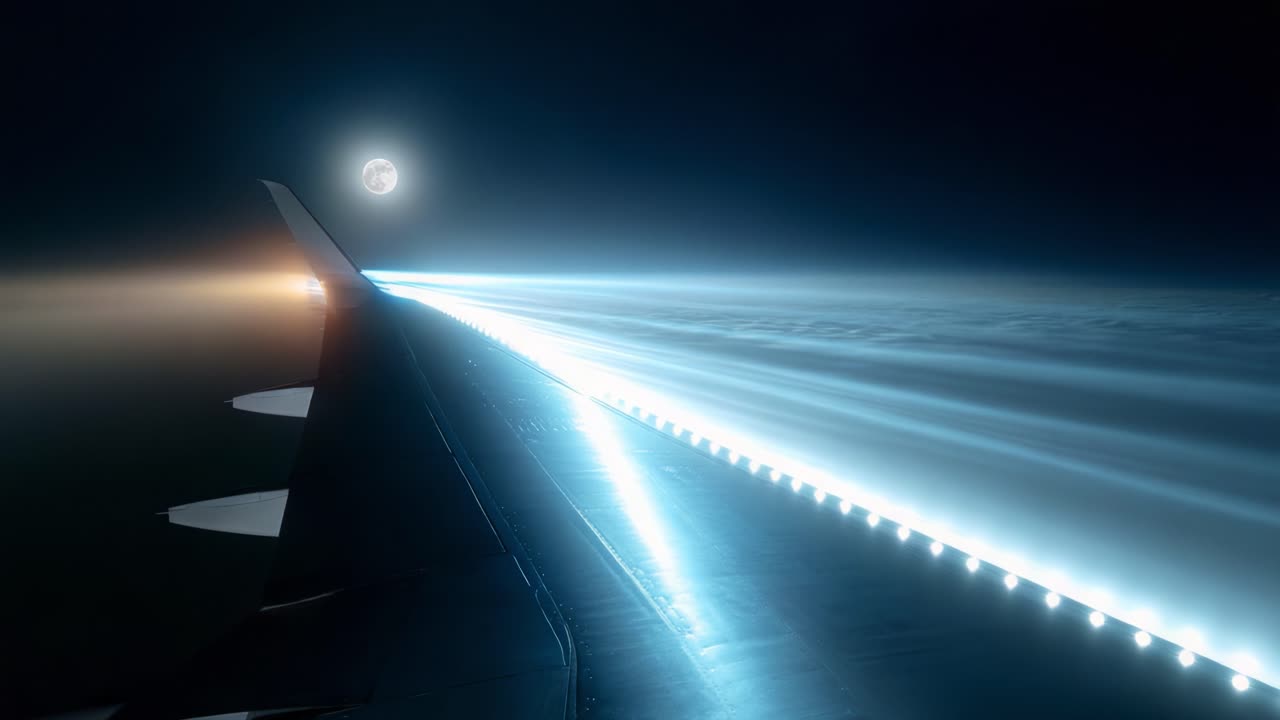 A Stunning Perspective from Above: Captivating Views of a Wing During Twilight with a Glowing Horizon, Illuminated by a Radiant Moon Reflecting Off the Clouds