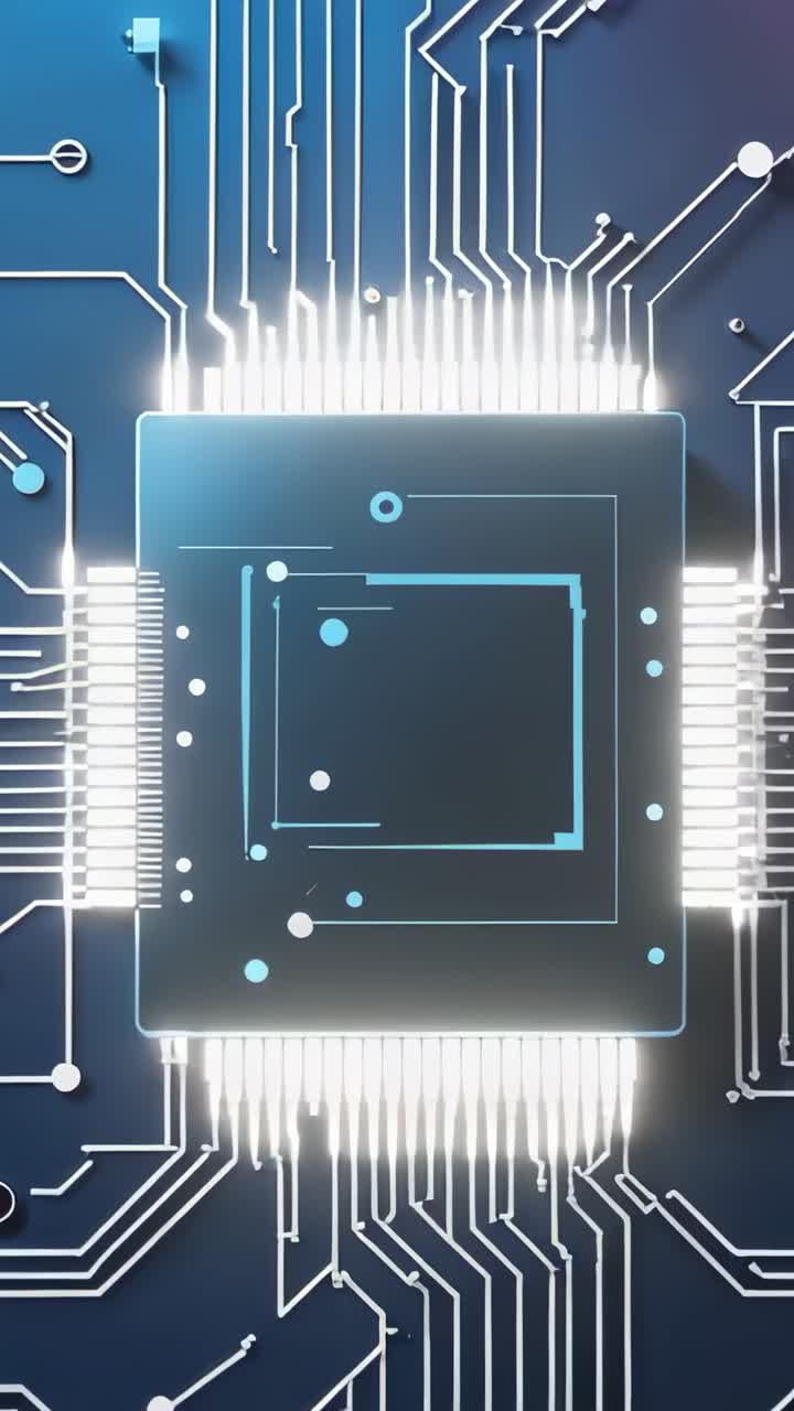 Vertical video: Microchip receiving power and pulsing light on circuit board, highlighting traces