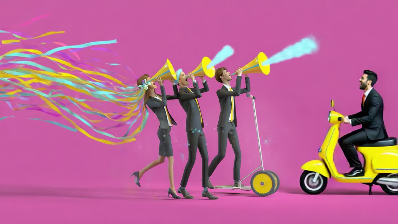 A vibrant and dynamic scene featuring animated characters joyfully parading together while playing horns and celebrating with colorful ribbons against a lively pink backdrop