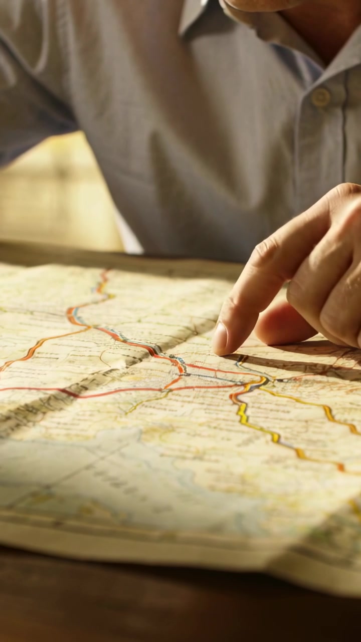 Vertical video: Spotting circled route, man in light shirt tracing route lines on map planning trip