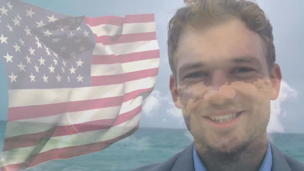 Animação de homem caucasiano feliz junto ao mar sobre a bandeira dos EUA