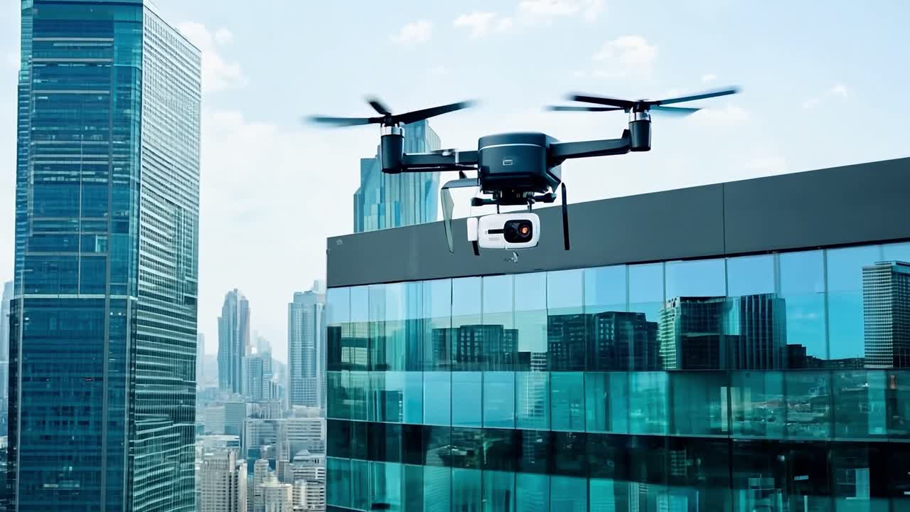 도시 풍경 위 를 날아다니는 드론