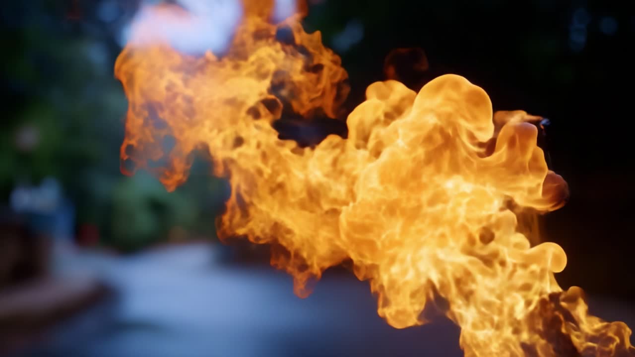 A Dynamic Display of Fire: Captivating Flames Dance and Swirl in Vivid Orange and Yellow Hues Against a Blurred Background of Nature's Serenity