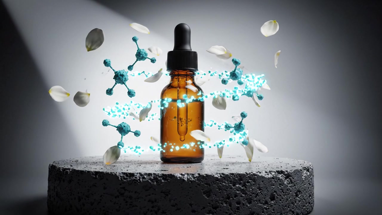 Frasco cuentagotas ámbar iluminado con estructuras moleculares suspendidas, mostrando la fusión de aceites naturales y el avance científico en formulaciones cosméticas