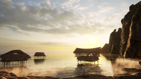 Old-reed-huts-in-the-sea-with-coastal-cliffs-on-sunset,-3D-animation-camera-pan-right