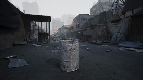 abandoned street with a rusted barrel and debris in a desolate urban area