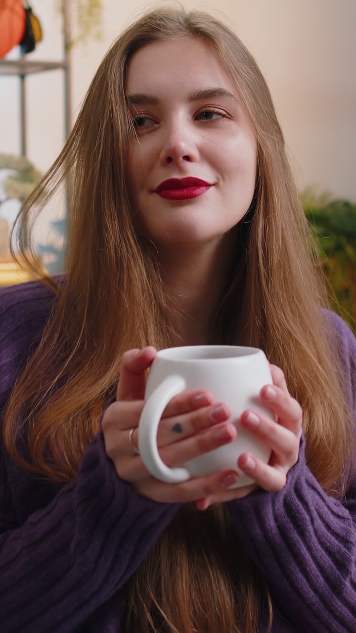 Una bella giovane donna sorridente che beve una tazza di caffè o tè alle erbe seduta a casa sul divano durante la pausa