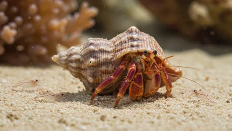 exploring the underwater world: a close-up of a colorful hermit crab in its shell amidst the coral reef environment