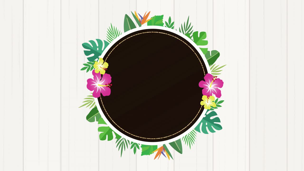 열대 잎, 식물적 장식. 중앙에 회전하는 검은색 보드 (백색 나무 배경)