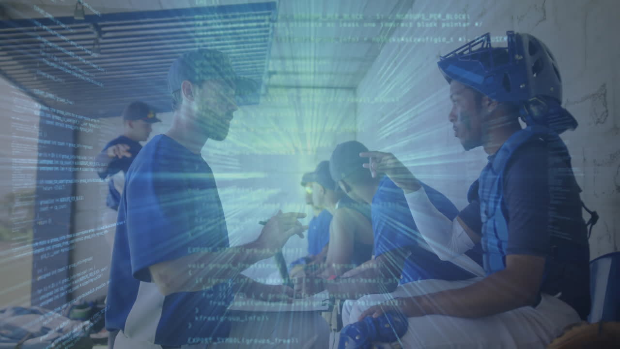 Coach kneeling instructing baseball team in dugout, displaying animated stats graphics